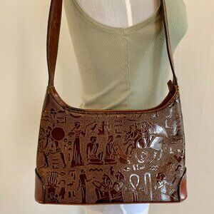 VTG Leather Hungun Egyptian Hieroglyphic Brown Hand Bag Purse Goddess Carving